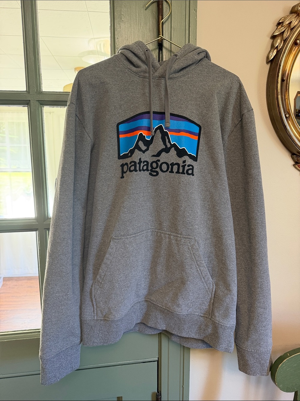 Patagonia Gray Pullover Hoodie with Multicolor Mountain Logo